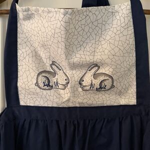 Stevens Linen Bunny Rabbit Kitchen Apron Dedham Pottery Inspired Long W/ Ruffle